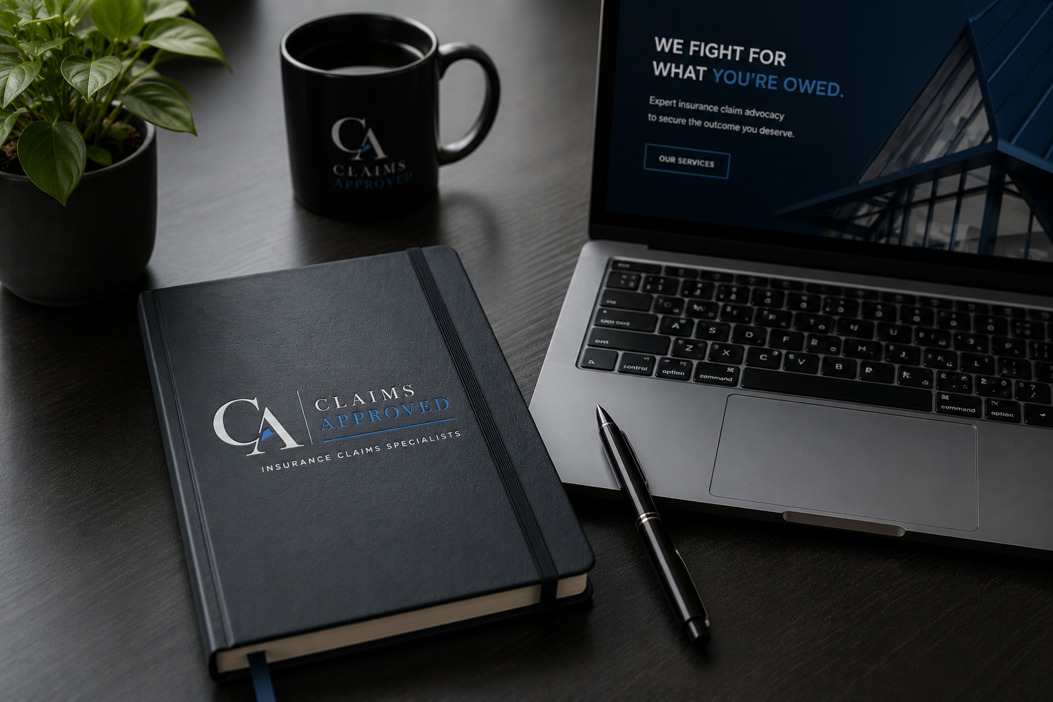Claims Approved branded notebook, laptop and claim materials